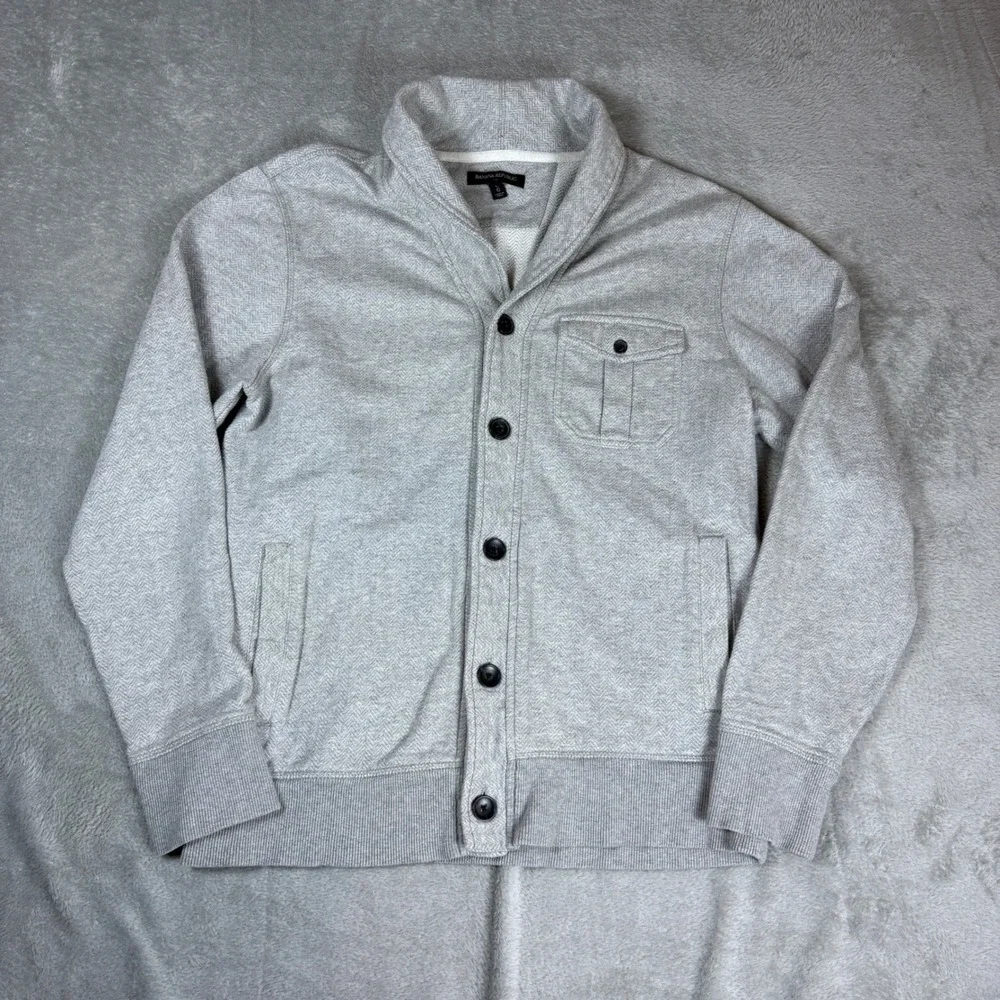 Banana Republic Sweater Men Large‎ Shawl Collar Herringbone Button Front Grey